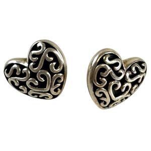 Sterling Silver 925 Puffy Heart Filigree Scroll Style Post Earrings Jewelry